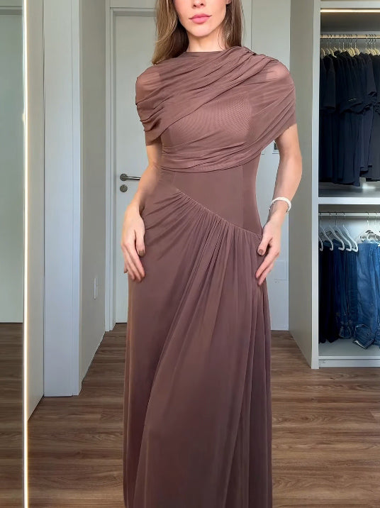 Elegant Asymmetrical Pleated Mesh Short-sleeved Maxi Dress
