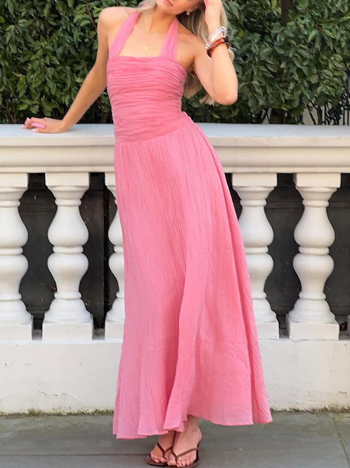 Elegant Halter Neck Ruched Waist Flowing Maxi Dress