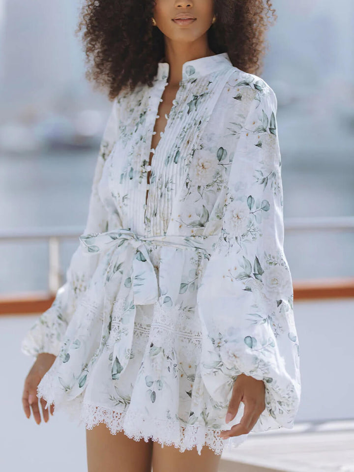 Elegant Floral Print Lace Trim Linen Mini Dress