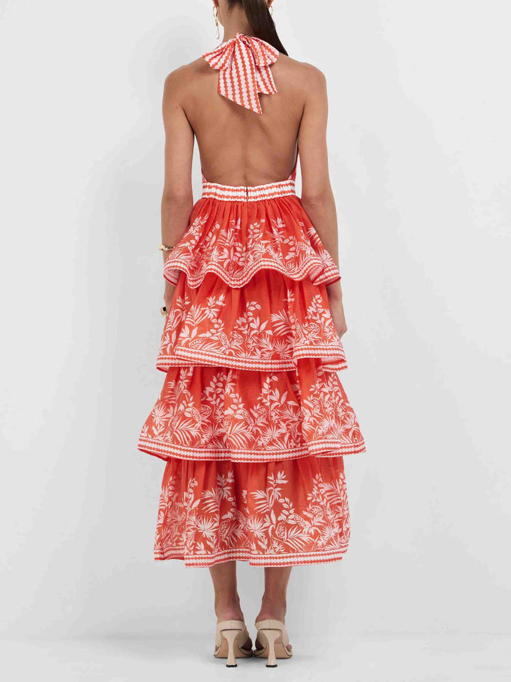Exquisite Palm Print Layered Midi Dress