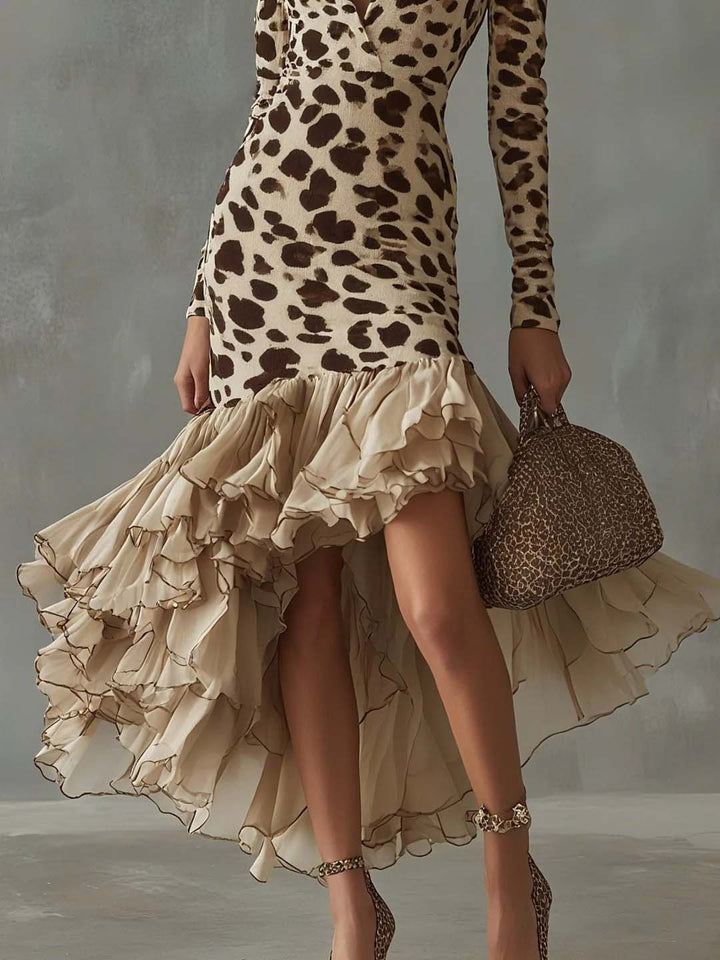 Ruffled V-neck Printed Maxi Dress