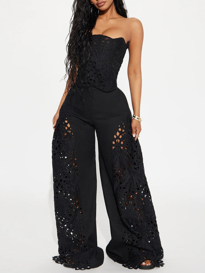 Lace Cutout Strapless Flare Pants Two-Piece Set