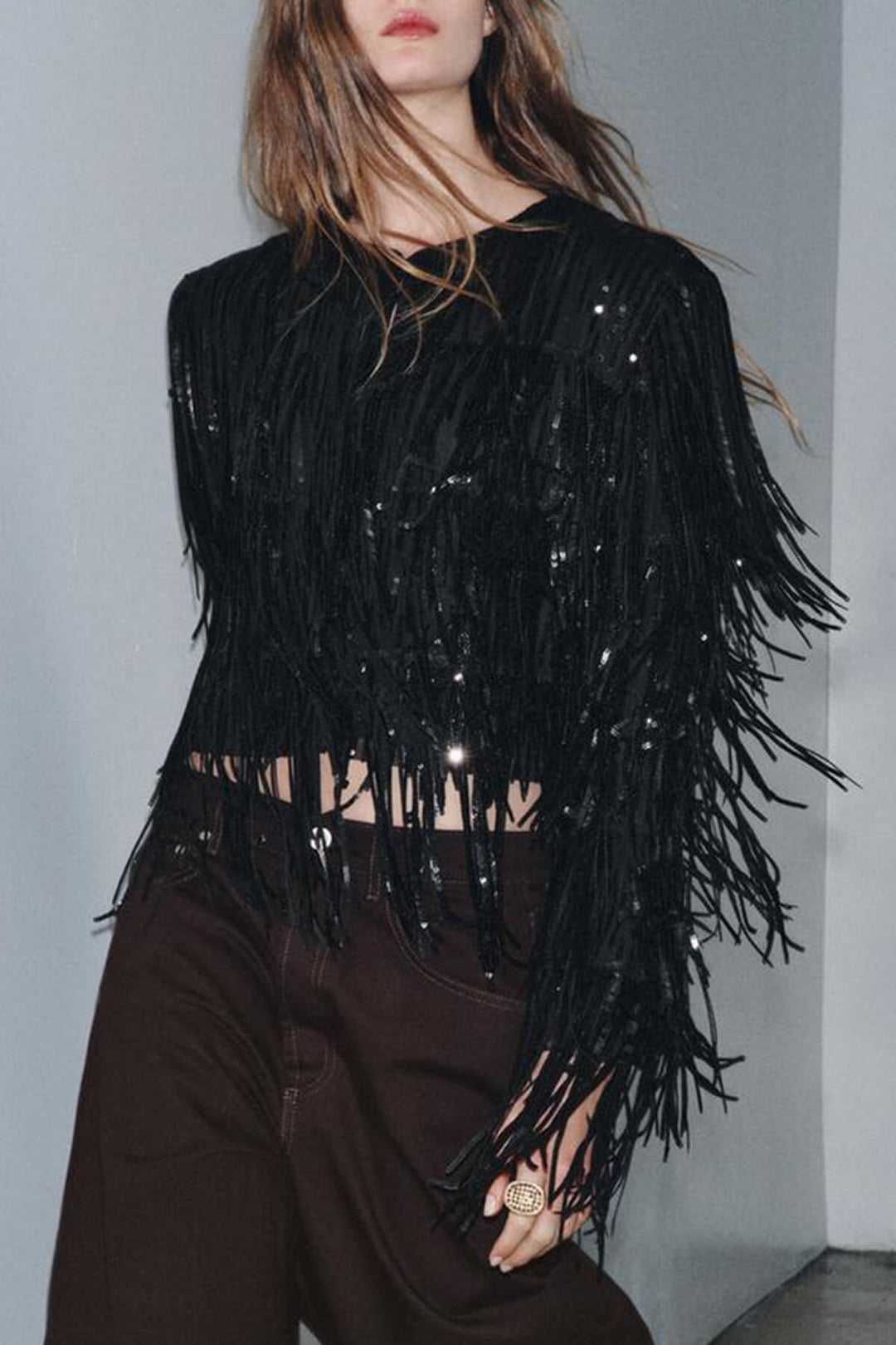 Exquisite Sequin Fringe Embellished Round-Neck Long-Sleeve Jacket