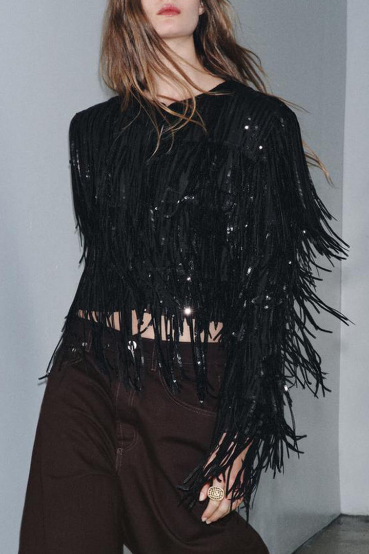 Exquisite Sequin Fringe Embellished Round-Neck Long-Sleeve Jacket