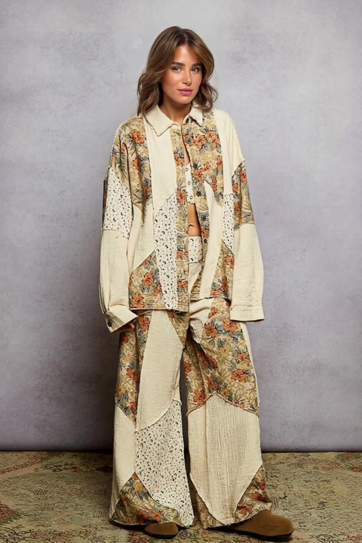 Bohemian Floral Patchwork Loose Button-Down Top