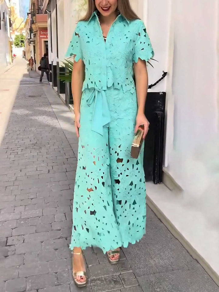 Casual Cutout Lace Short Sleeve Shirt