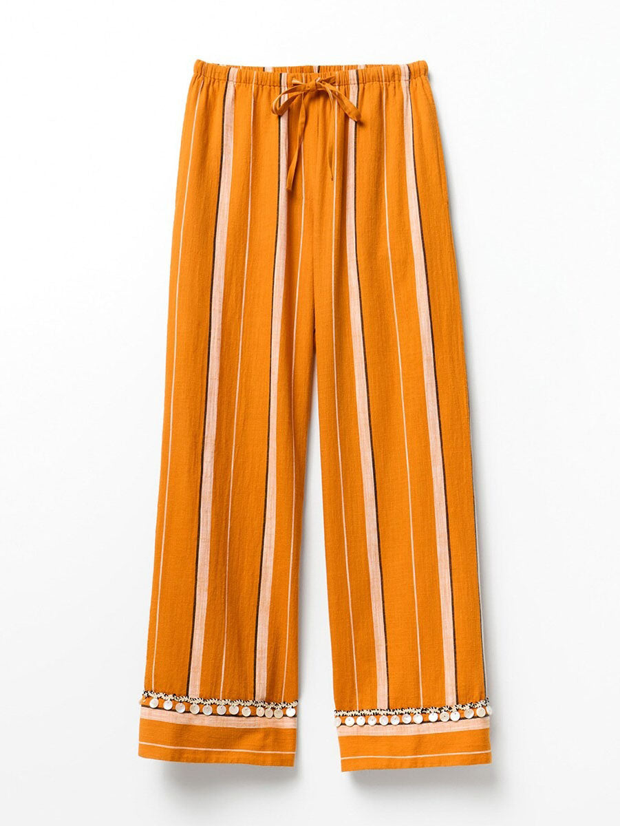 Casual Striped Lace-Up Top & Wide-Leg Pants Two-Piece Set