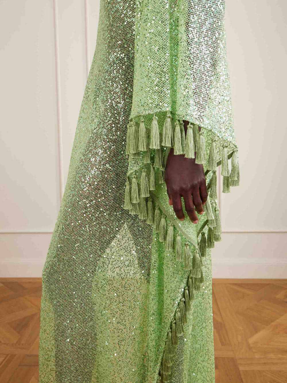 Sequin Deep V-Neck Fringe Kaftan Maxi Dress