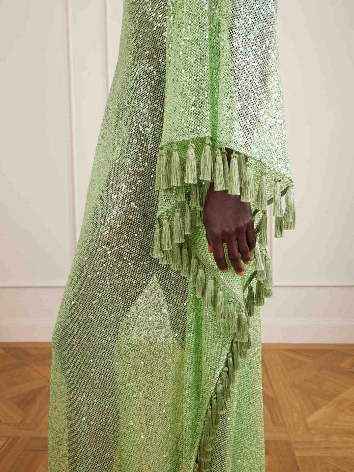 Sequin Deep V-Neck Fringe Kaftan Maxi Dress