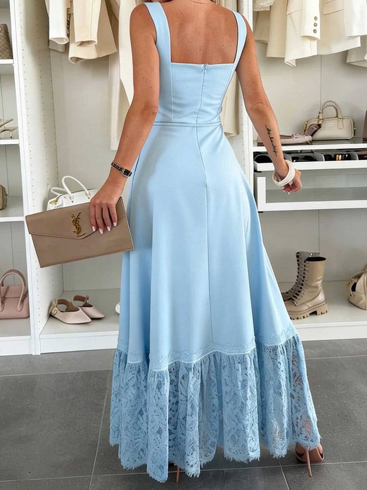 Elegant Square Neck Tie-Up Lace Maxi Dress
