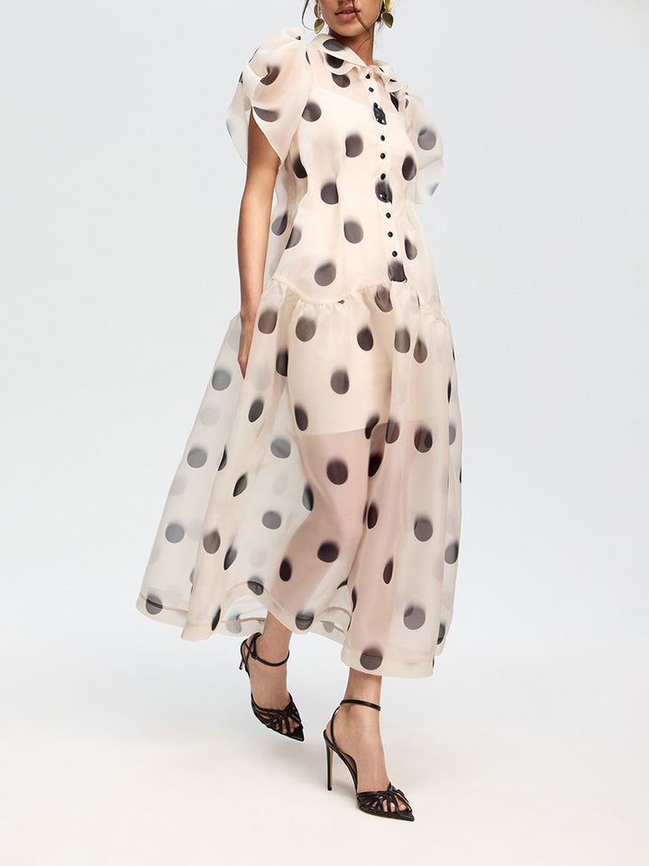Elegant Polka Dot Organza Puff Sleeve Midi Dress