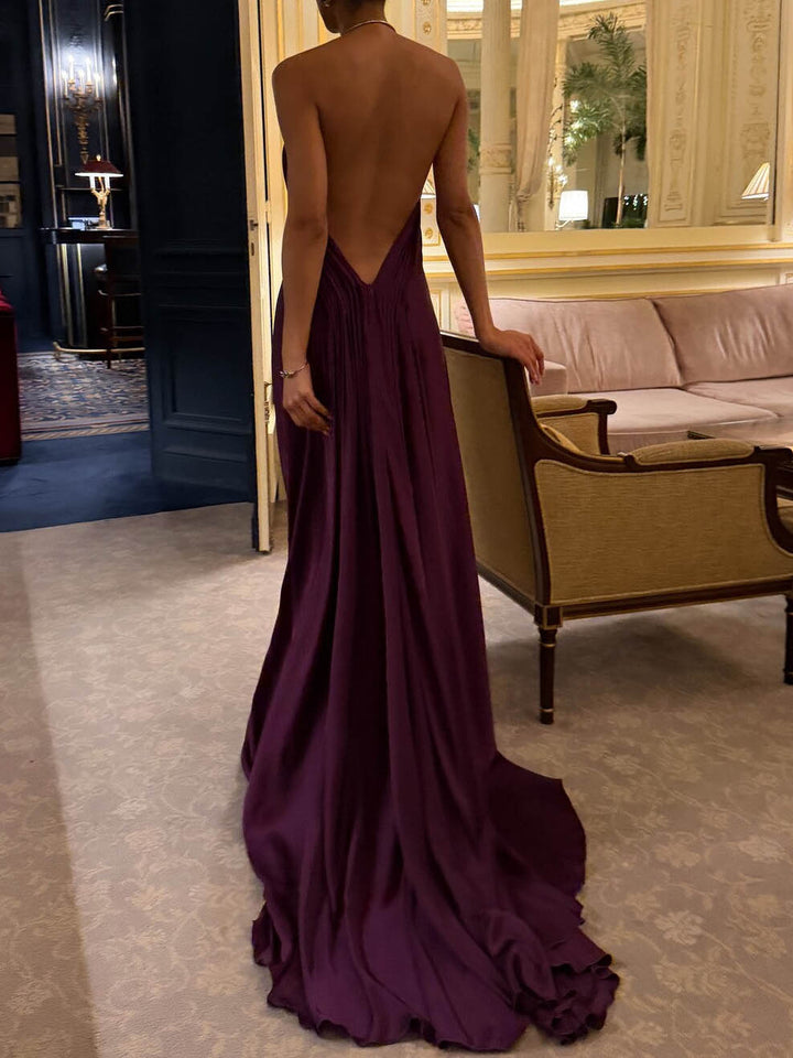 Elegant Halter-neck Draped Satin Train Maxi Dress