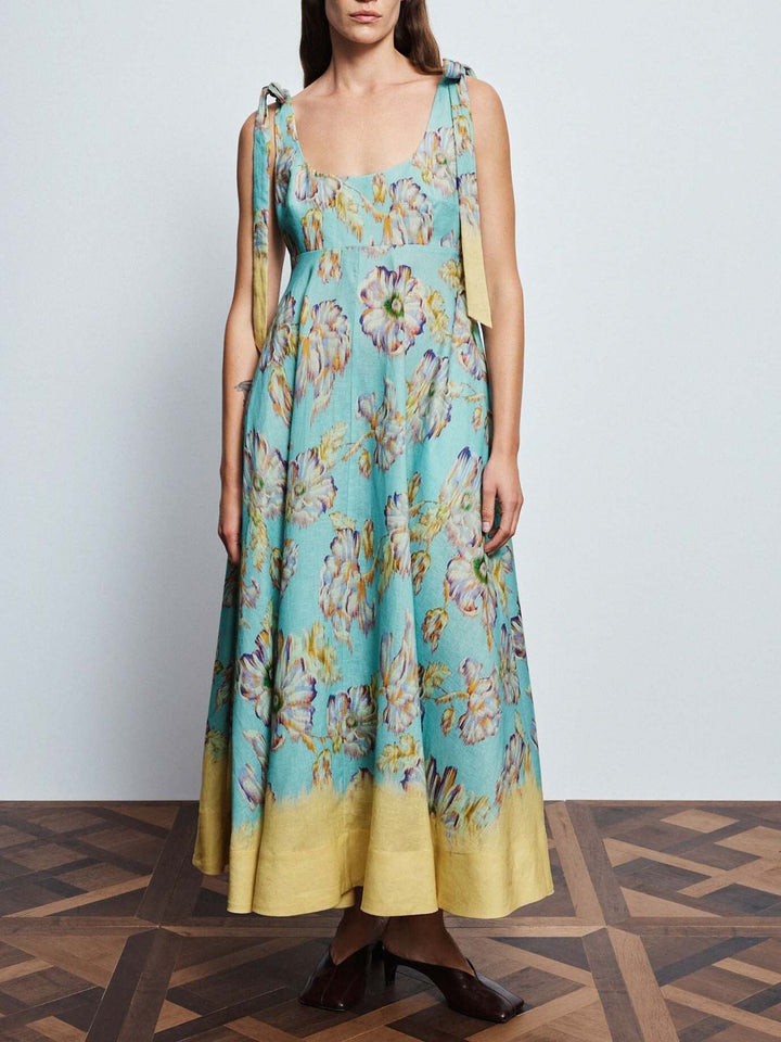 Elegant Floral Print Tie-Shoulder Maxi Dress