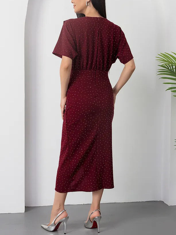 Elegant Round Neck Silver Polka Dot Print Slit Dress