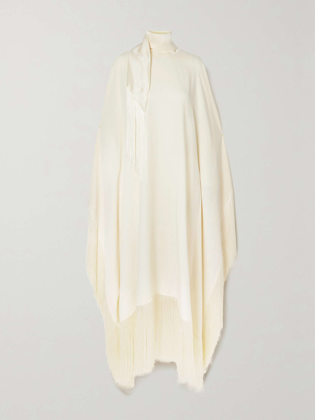 Elegant High-Neck Fringe Trim Asymmetrical Maxi Dress
