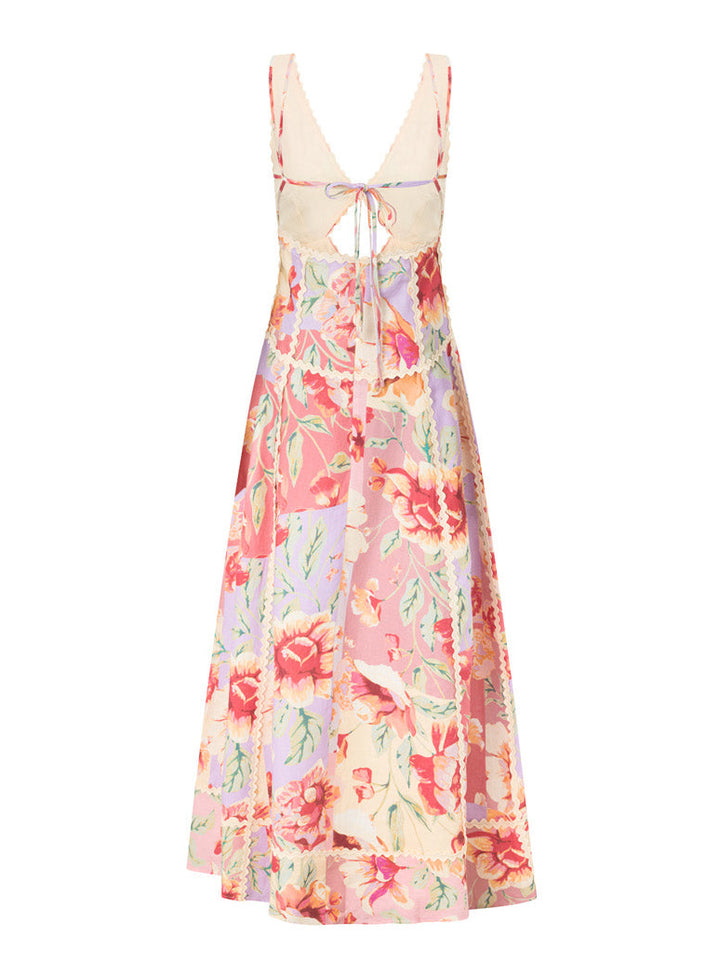 Exquisite Printed Cutout V-Neck Lace Trim Maxi Dress