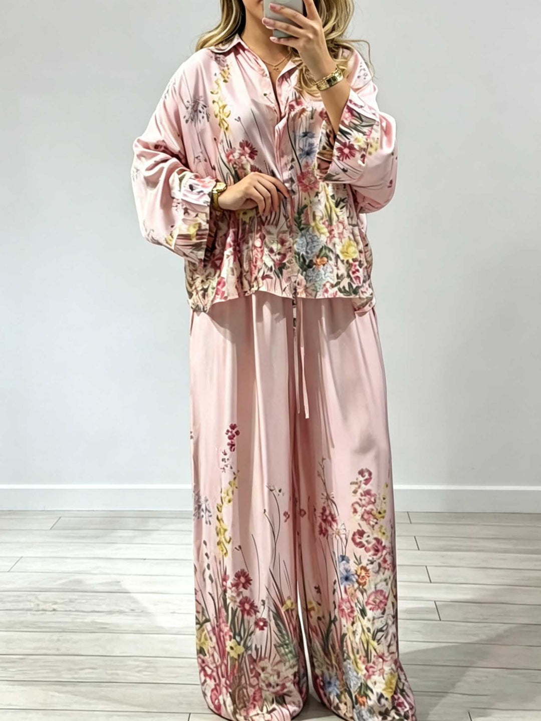 Elegant Floral Print Satin Button Shirt