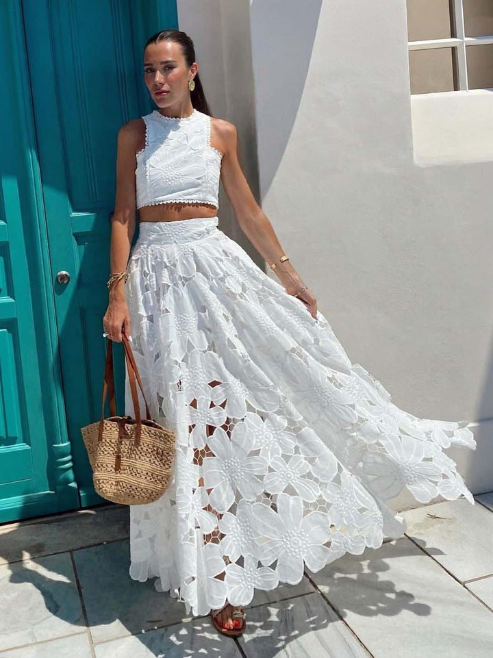 Elegant Openwork Floral Lace Short Vest Two-piece Set