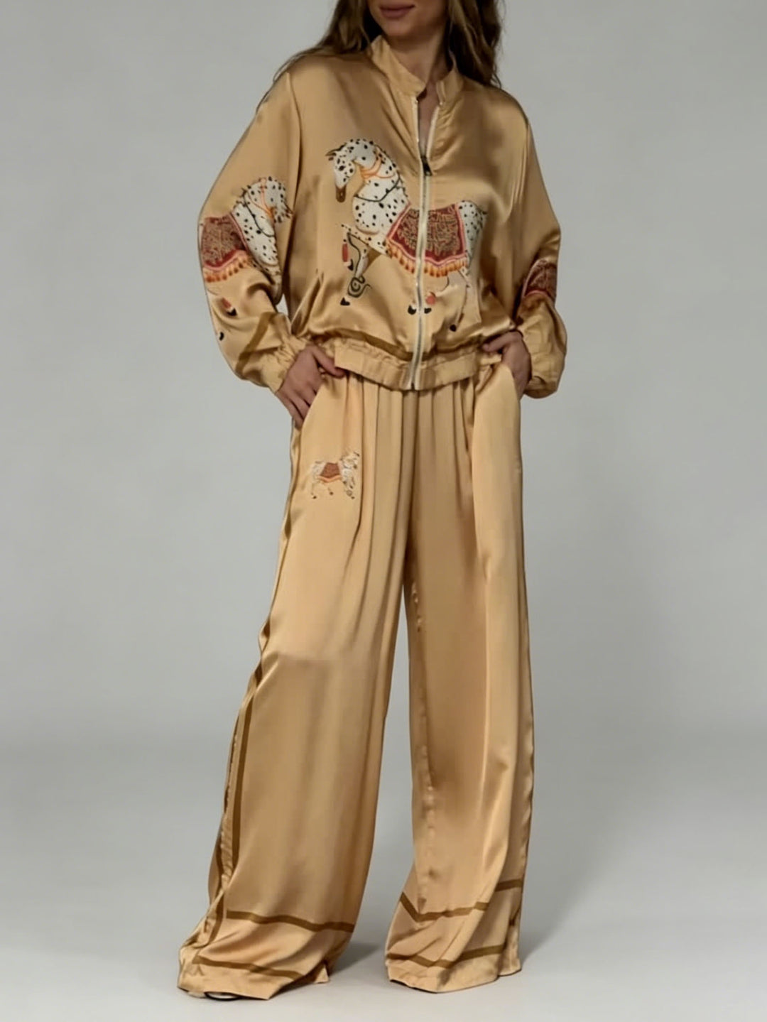 Exquisite Satin Horse Print Zip Jacket & Wide-Leg Pants Two-Piece Set