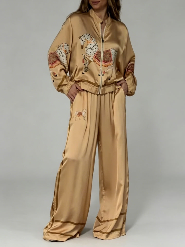 Exquisite Satin Horse Print Zip Jacket & Wide-Leg Pants Two-Piece Set