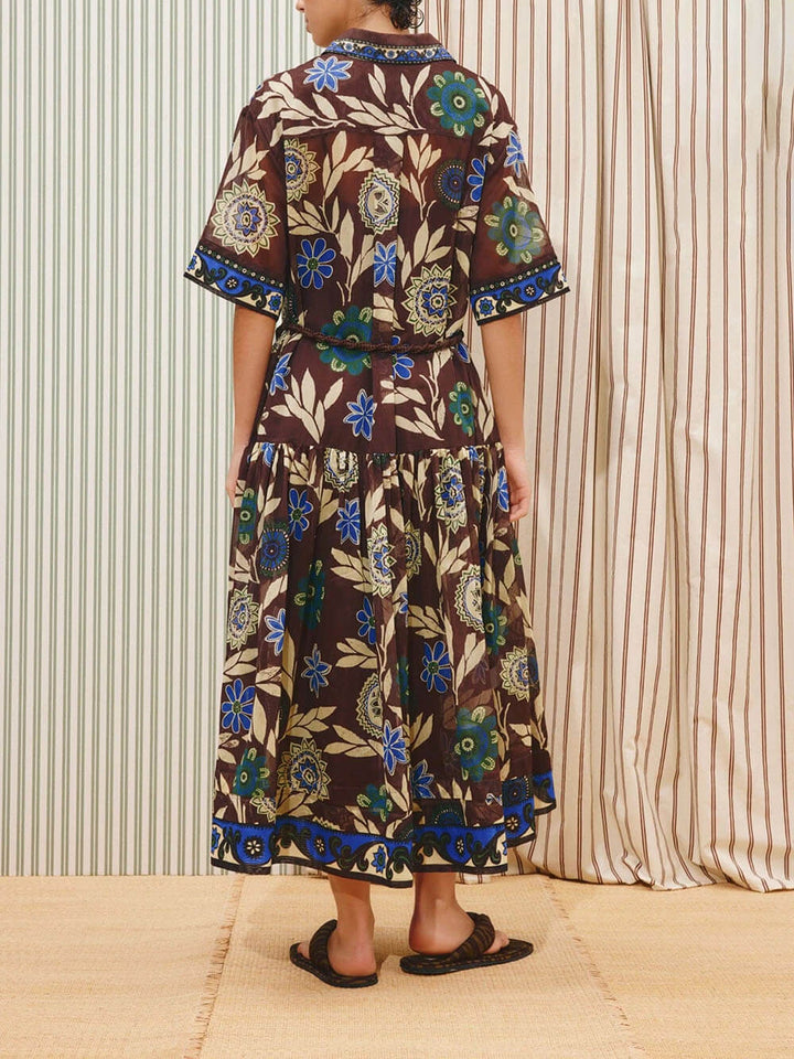 Retro Print Button-Front With Braided Rope Belt Maxi Shirtdress