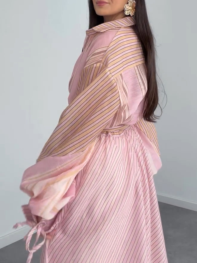 Elegant Striped Wrap Shirt Maxi Dress