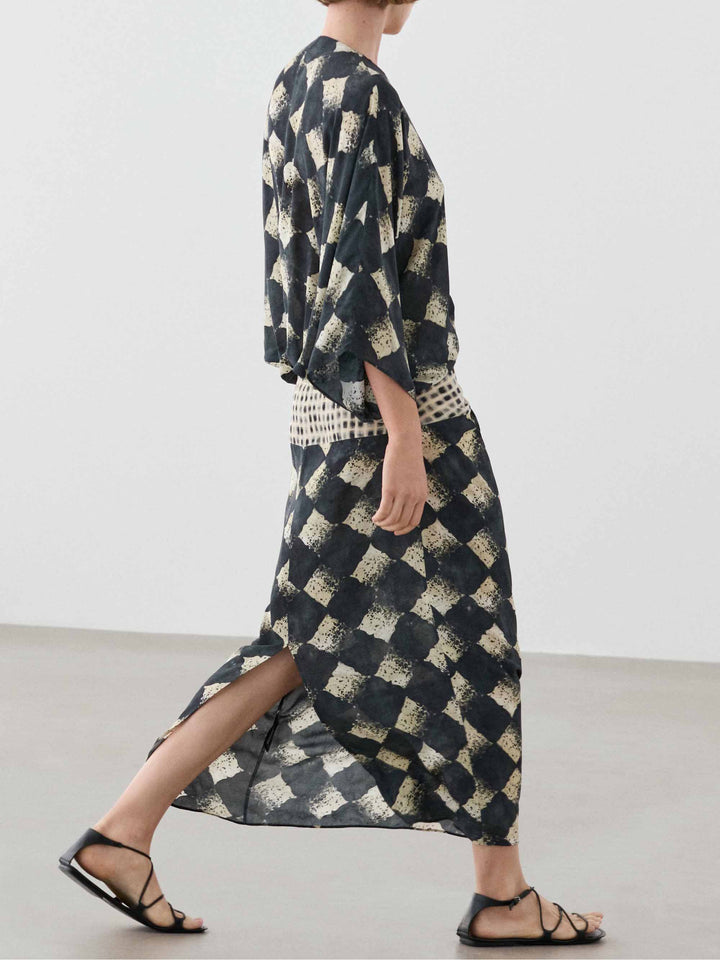 Casual Abstract Plaid Print Kimono Sleeve Maxi Dress