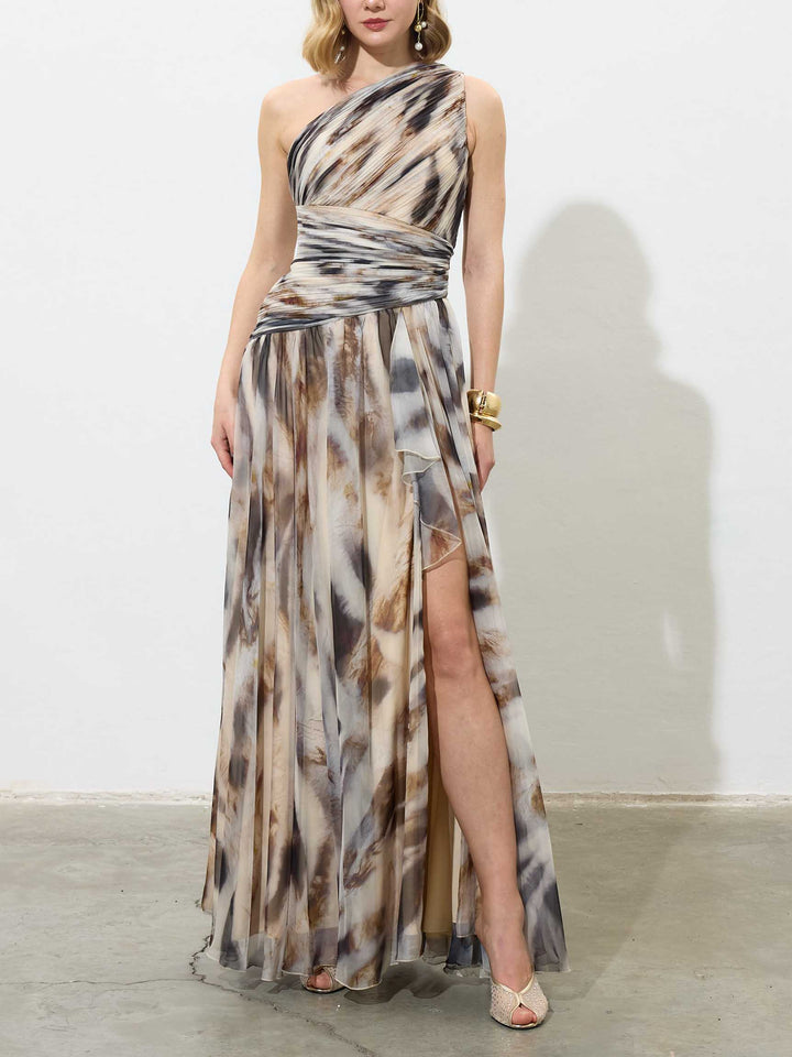 Elegant One-Shoulder Marble Print Chiffon Maxi Dress