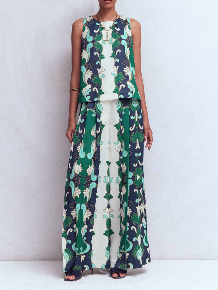 Retro Print Sleeveless Top & Wide-Leg Pants Two-Piece Set