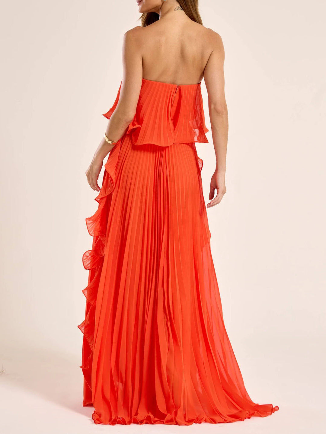 Elegant Strapless Pleated Ruffled Chiffon Maxi Dress