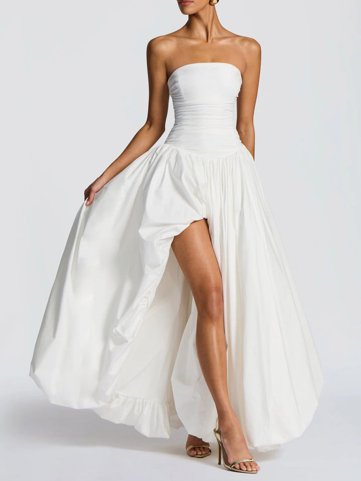 Elegant Strapless Ruched High-Slit Ball Gown Maxi Dress