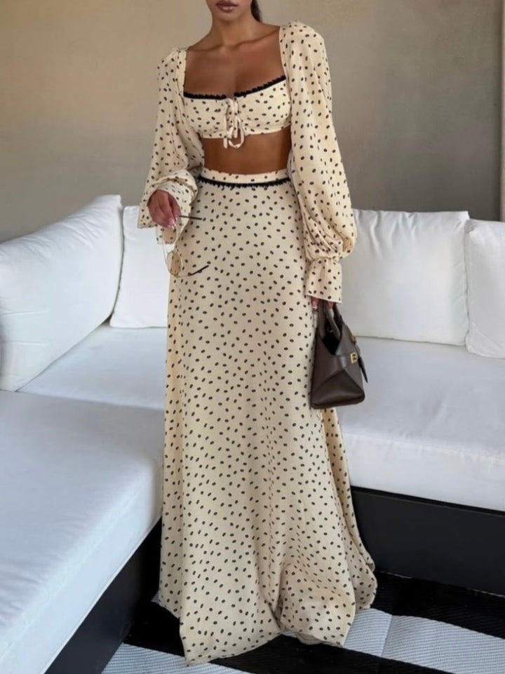 Elegant Polka Dot Crop Top & Maxi Skirt Set