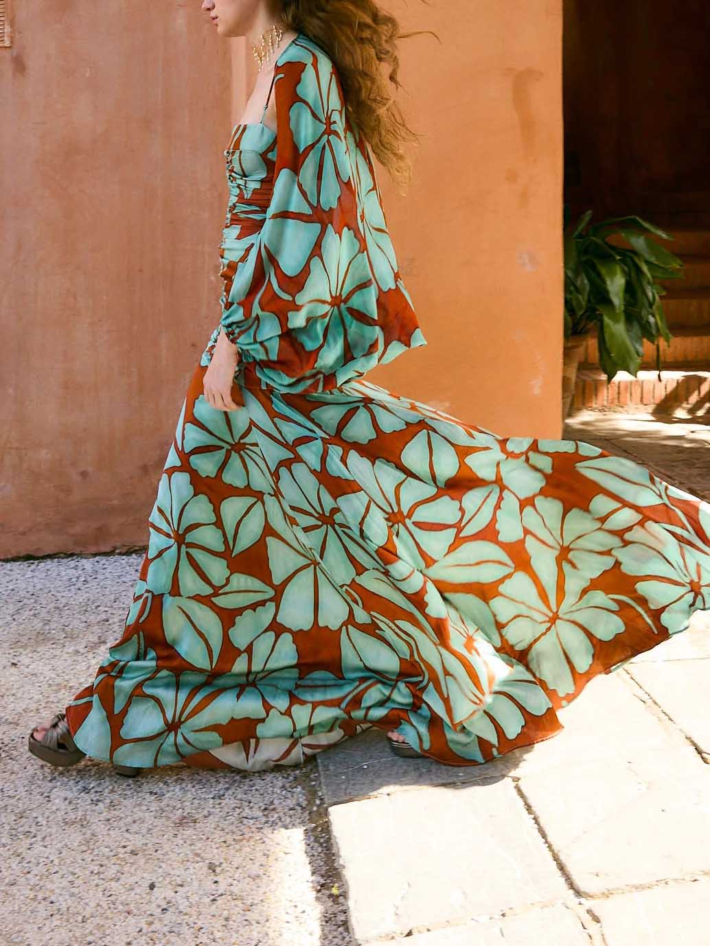 Bohemian Tropical Leaf Print Satin Maxi Dress Two-Piece Set