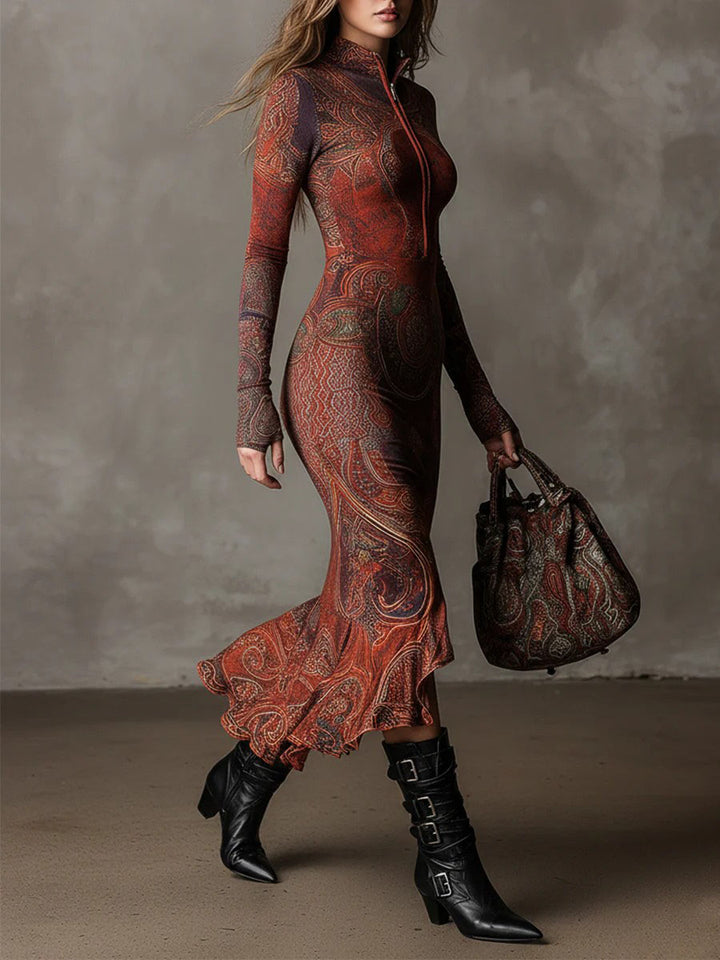 Retro Bohemian Print Irregular Midi Dress