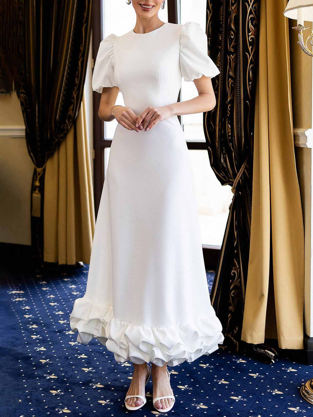 Elegant Puff Sleeve Ruffle Hem Maxi Dress