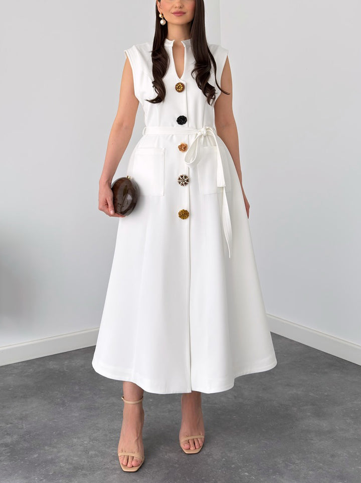 Elegant High Neck Tie-Waist Midi Dress