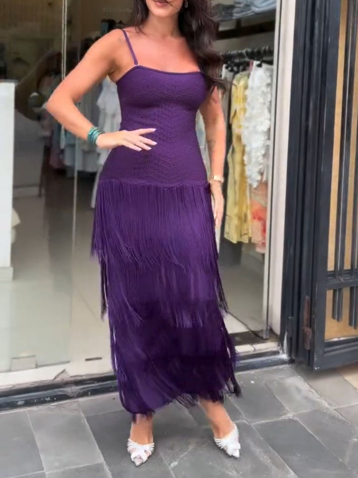 Elegant Layered Fringe Spaghetti Strap Maxi Dress