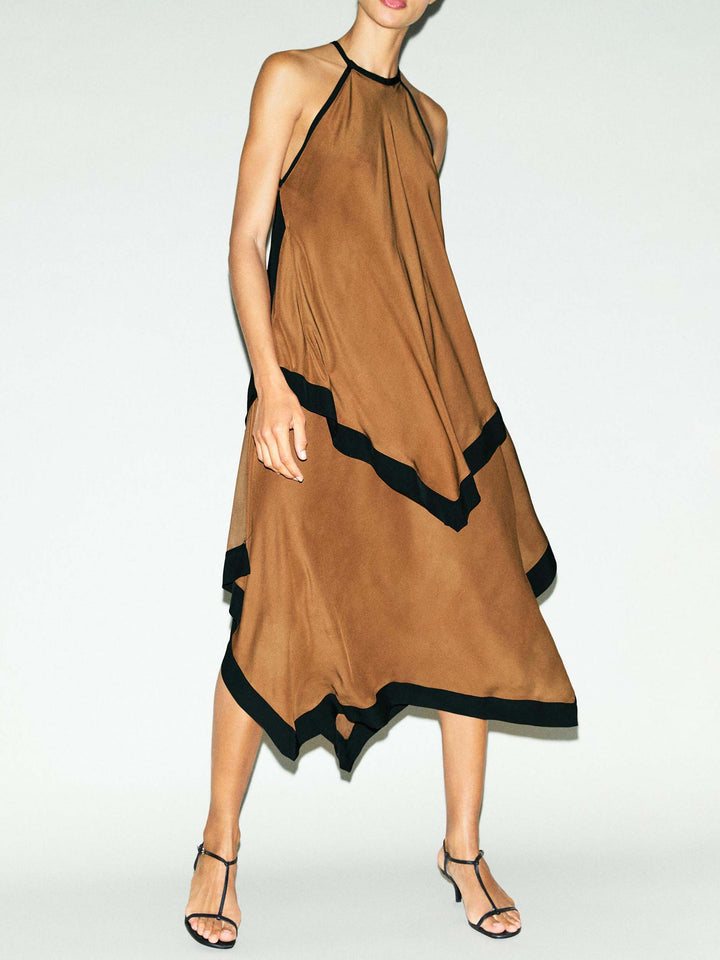 Elegant Color Block Halter Asymmetric Hem Midi Dress