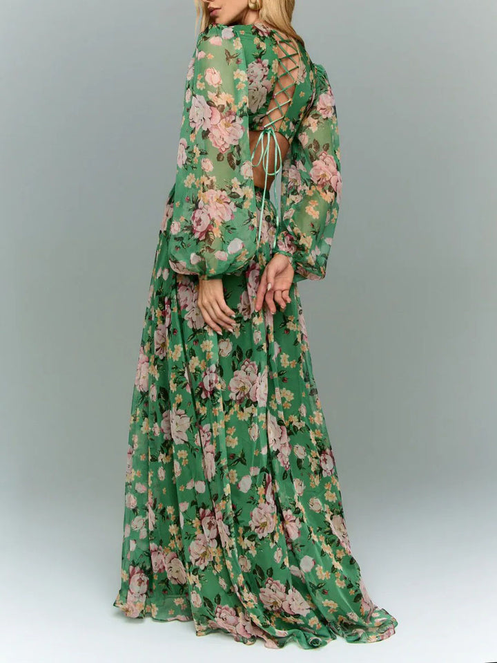 Elegant Floral Print Cutout Waist Long Sleeve Chiffon Maxi Dress