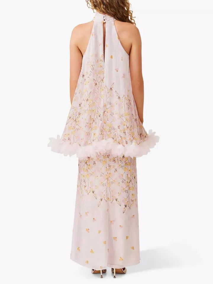 Elegant Floral Print Halterneck Cape Chiffon Top