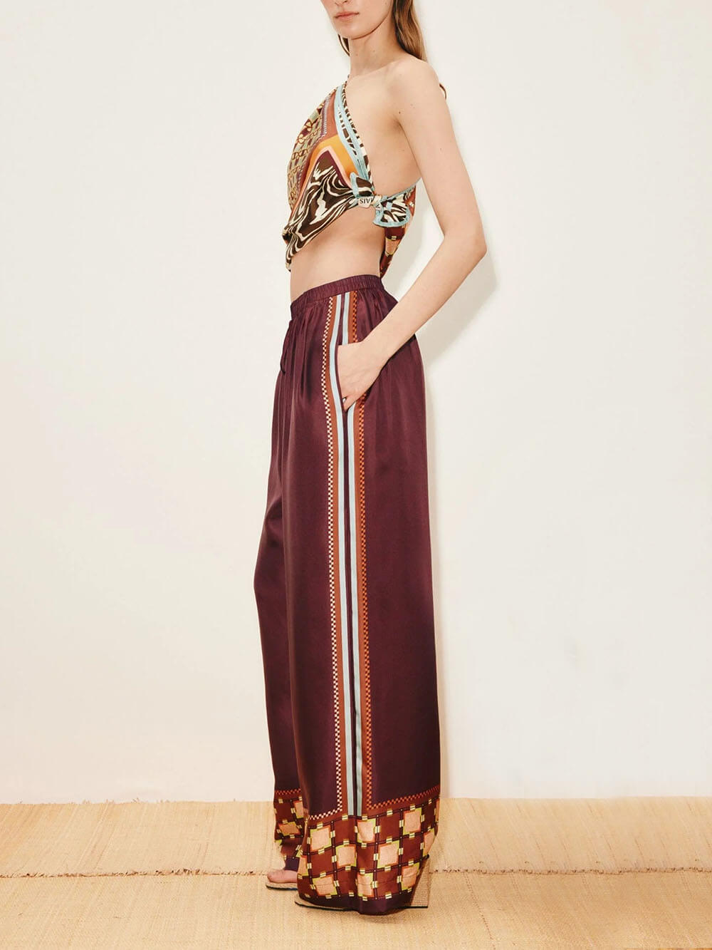 Unique Paisley Color-Block Satin Elastic Waist Wide-Leg Pants