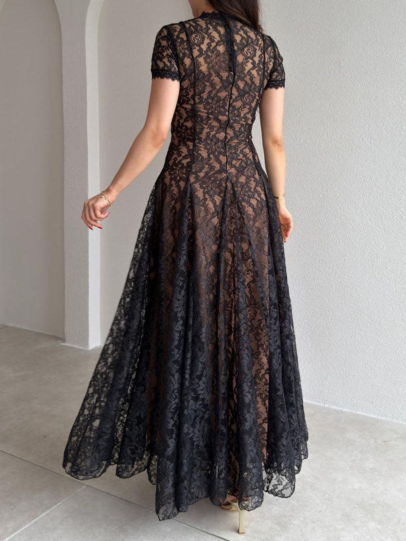 Elegant Sheer Tulle Floral Lace A-Line Maxi Dress
