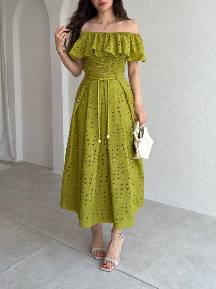 Exquisite Cutout Embroidered Off-Shoulder Ruffle Two-Piece Crop Set