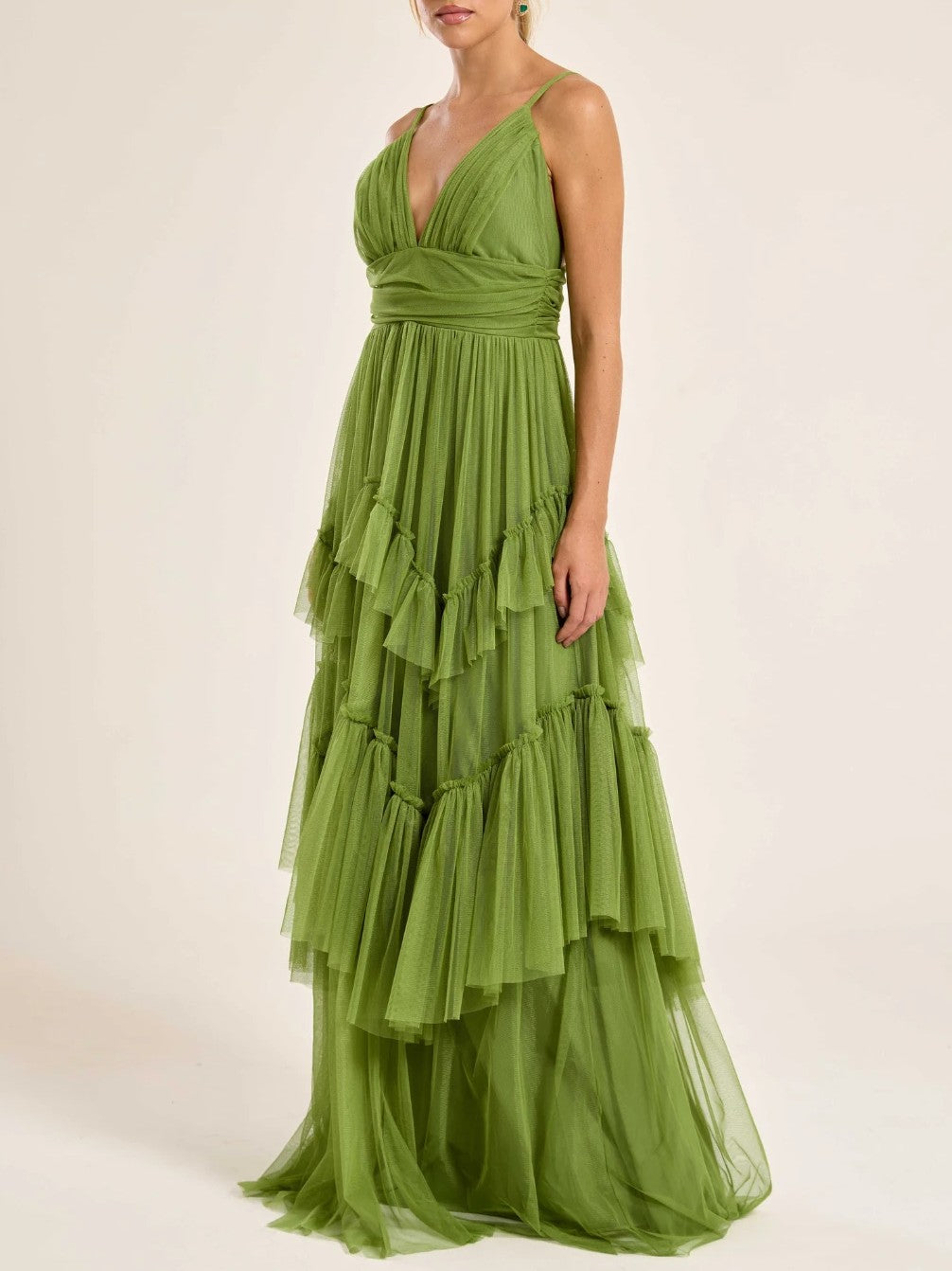 Elegant Deep V-Neck Tiered Tulle Maxi Dress