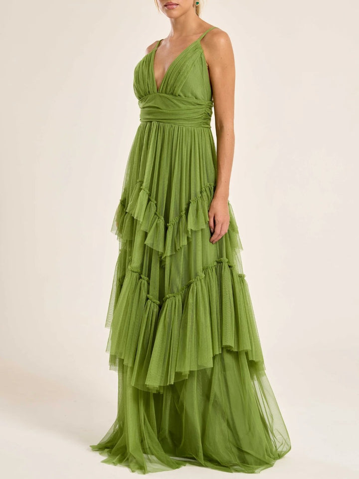 Elegant Deep V-Neck Tiered Tulle Maxi Dress