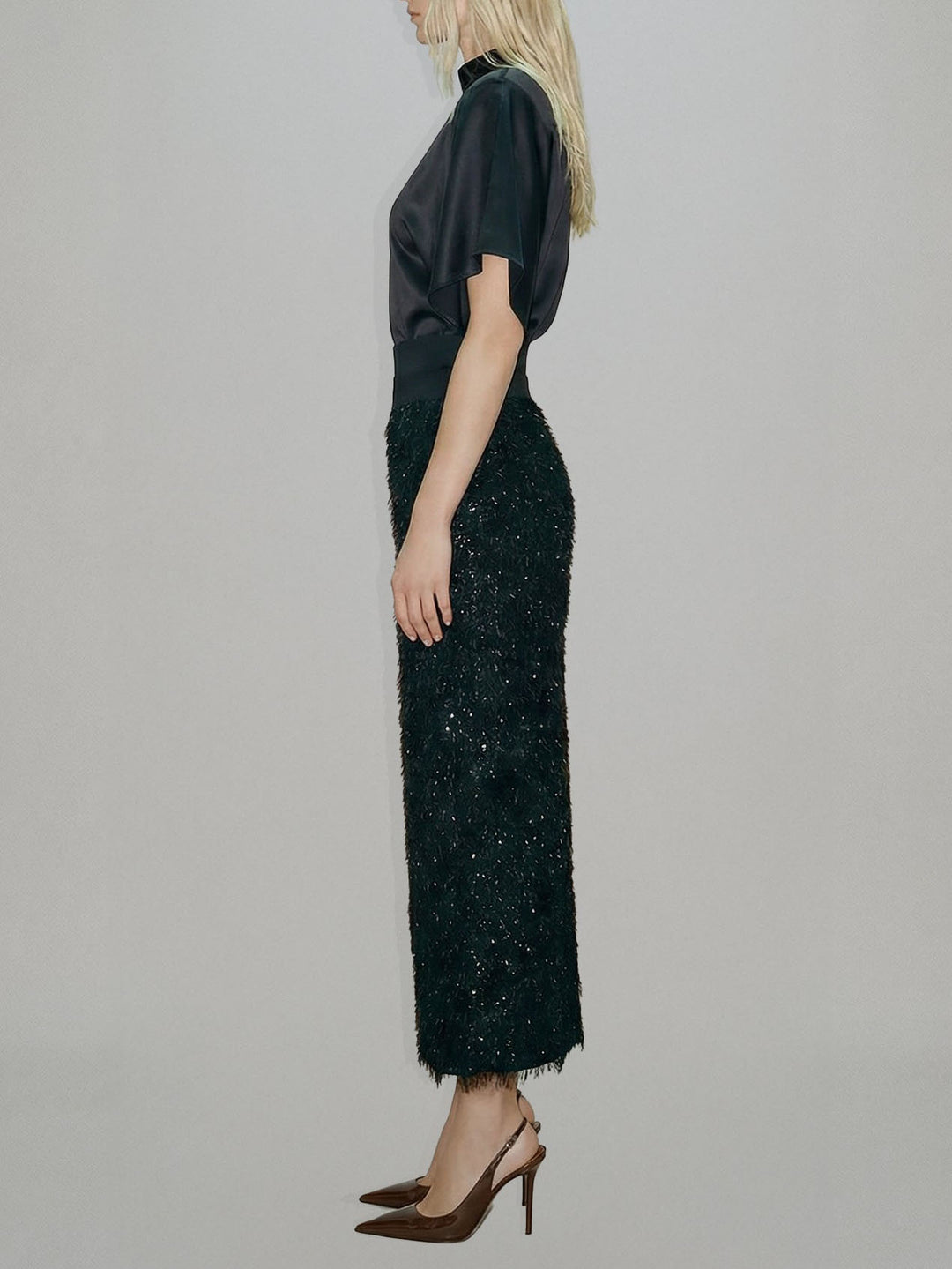 Elegant Satin Top & Sequin Feather Midi Skirt Two-Piece Set
