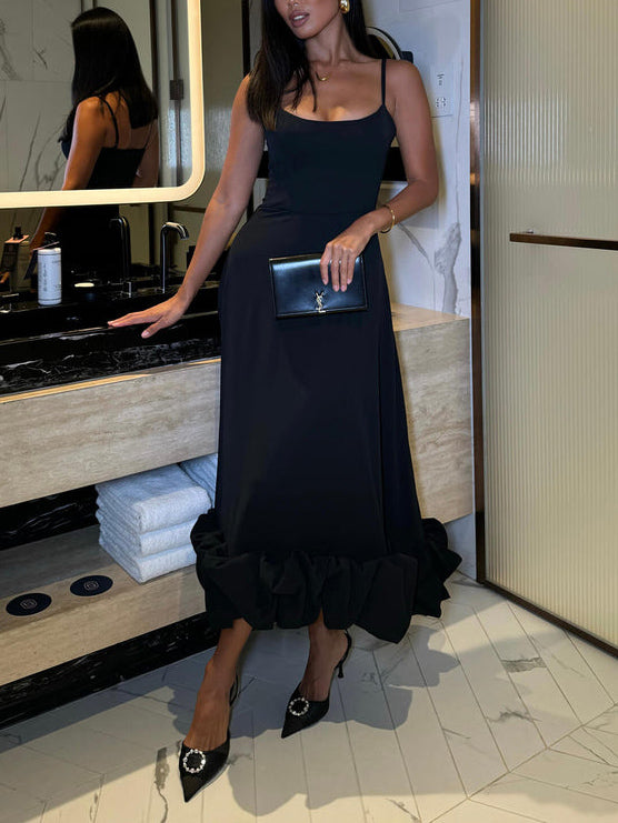 Elegant Sweetheart Ruffle Hem Satin Mermaid Maxi Dress
