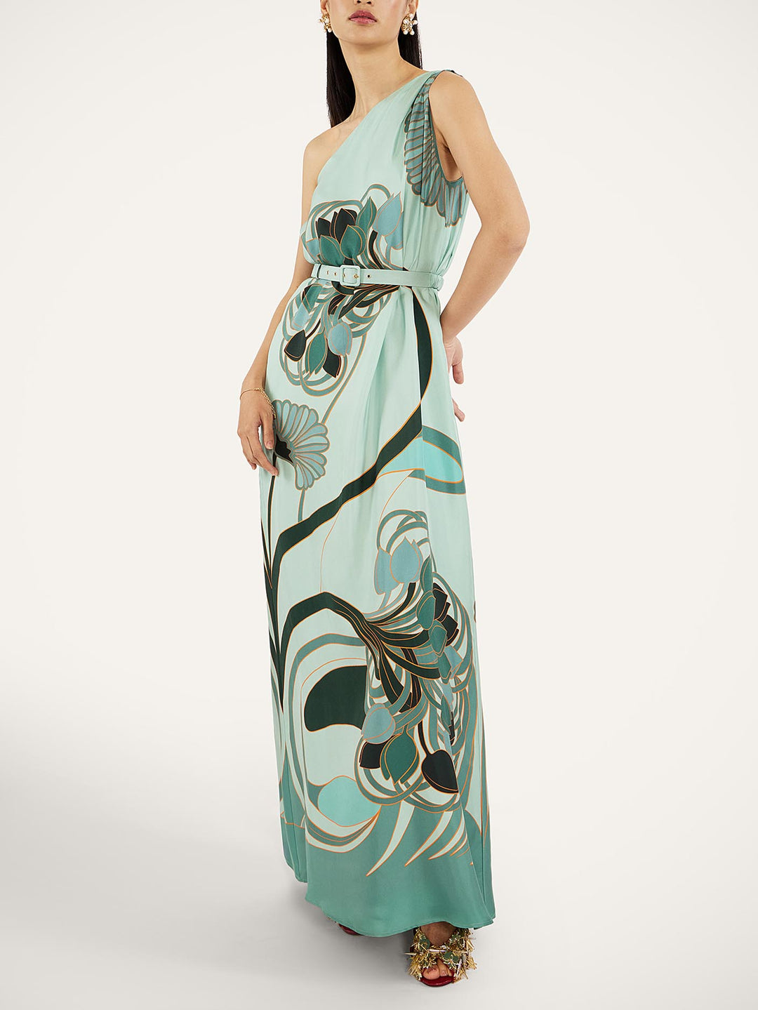 Unique Art Nouveau Printed Tulle Shawl Dress Set