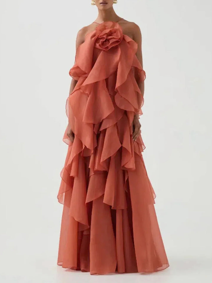 Elegant  3D Flower Ruffle Halter Maxi Dress
