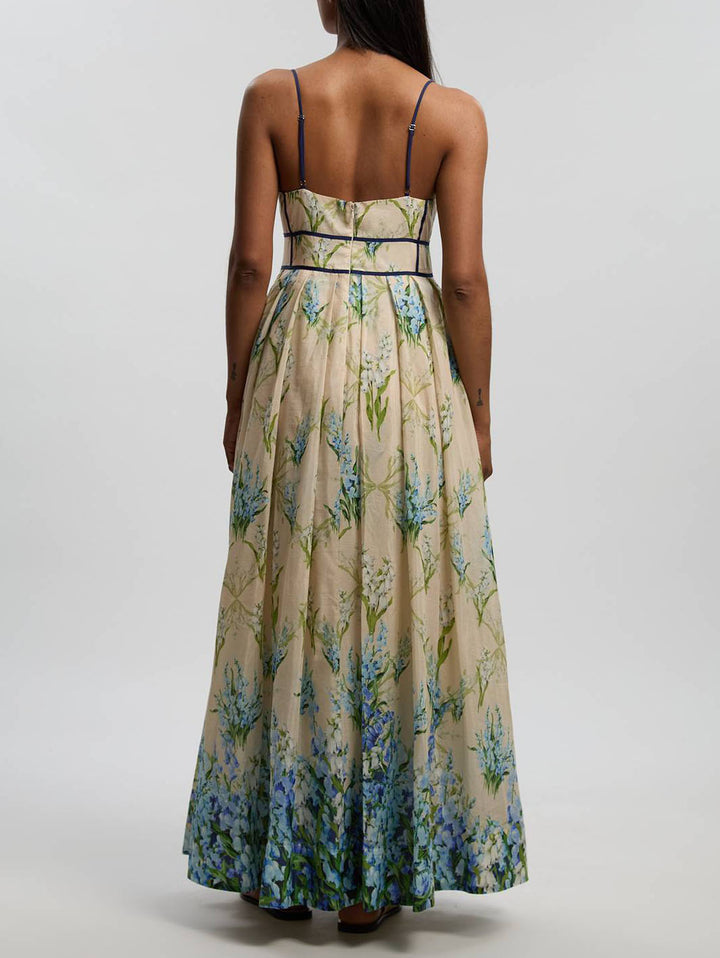 Elegant Square Neck Gradient Floral Spaghetti Strap Maxi Dress